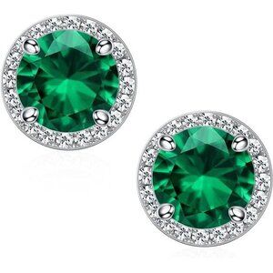 May 18k White Gold Emerald Birthstone Diamond Halo Stud Earrings S925 Gem Gift